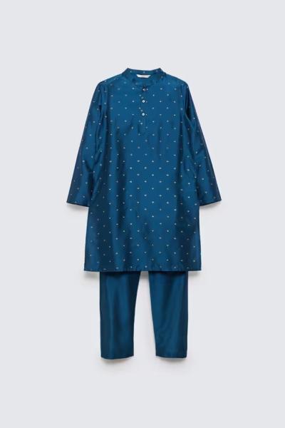Printed Blue Blended Fabric Regular Fit Boys Kurta Pyjama Set